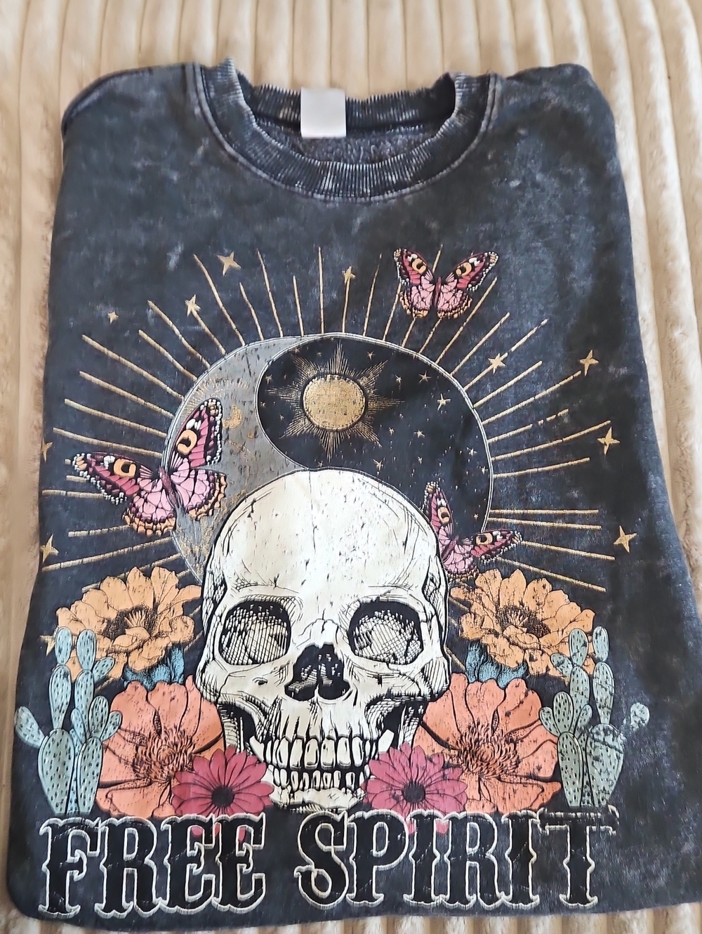 No Boundaries Black Tee with Skull, Yin-Yang & Floral Artwork